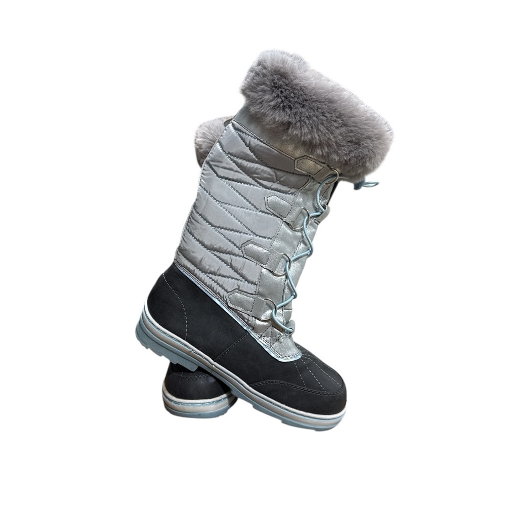 Justice Girls Silver‎ Metallic Quilted Snow Boots Faux Fur Trim Size 3M